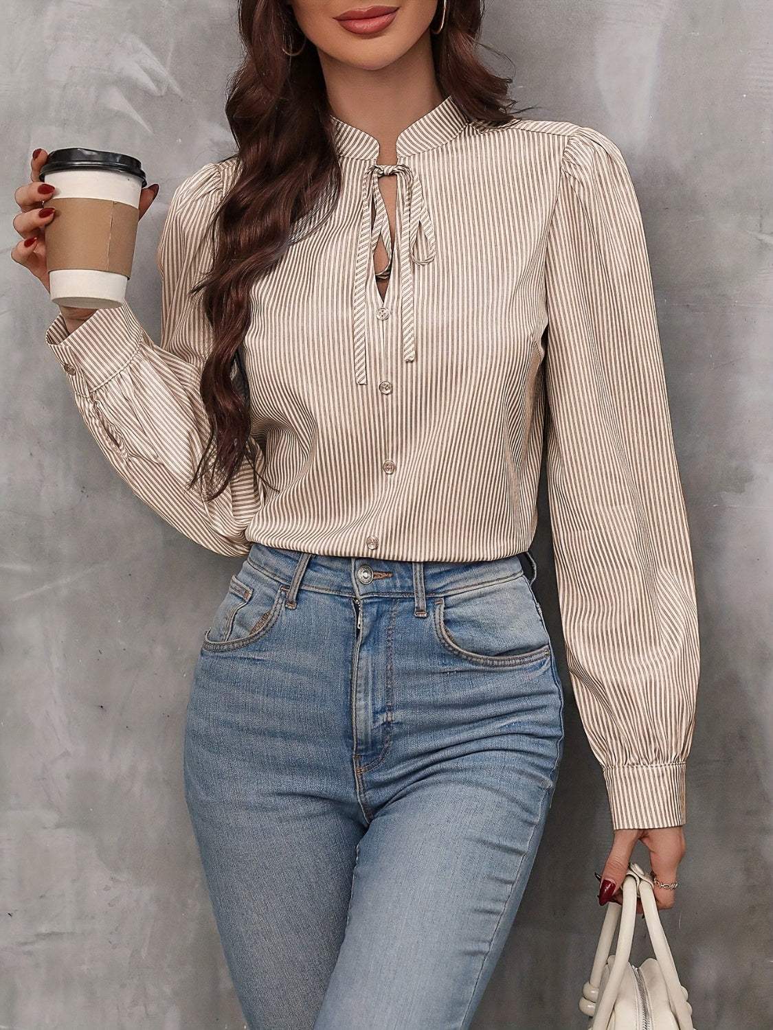 Tied Striped Long Sleeve Blouse - Trendsi - Flyclothing LLC