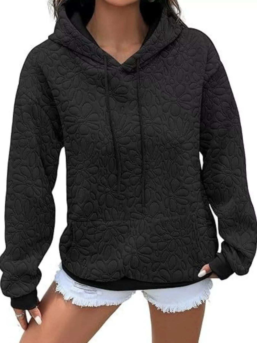 Textured Floral Quilted Hoodie - Trendsi - Flyclothing LLC