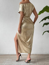 Slit One Shoulder Short Sleeve Midi Dress - Trendsi - Flyclothing LLC