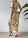Slit One Shoulder Short Sleeve Midi Dress - Trendsi