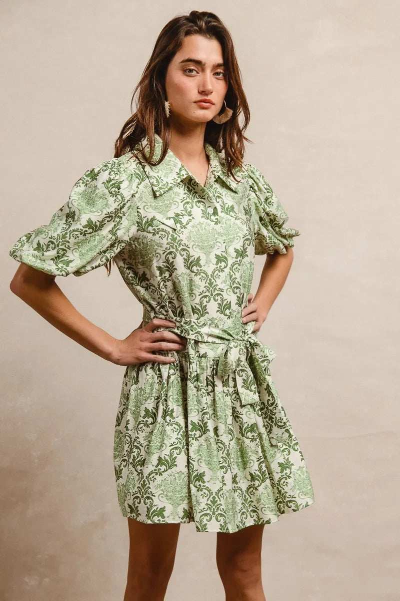 BiBi Tied Floral Short Sleeve Mini Shirt Dress - Trendsi - Flyclothing LLC