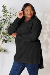 Basic Bae Full Size Ribbed Round Neck Long Sleeve Slit Top - ShopBasicbae - Flyclothing LLC