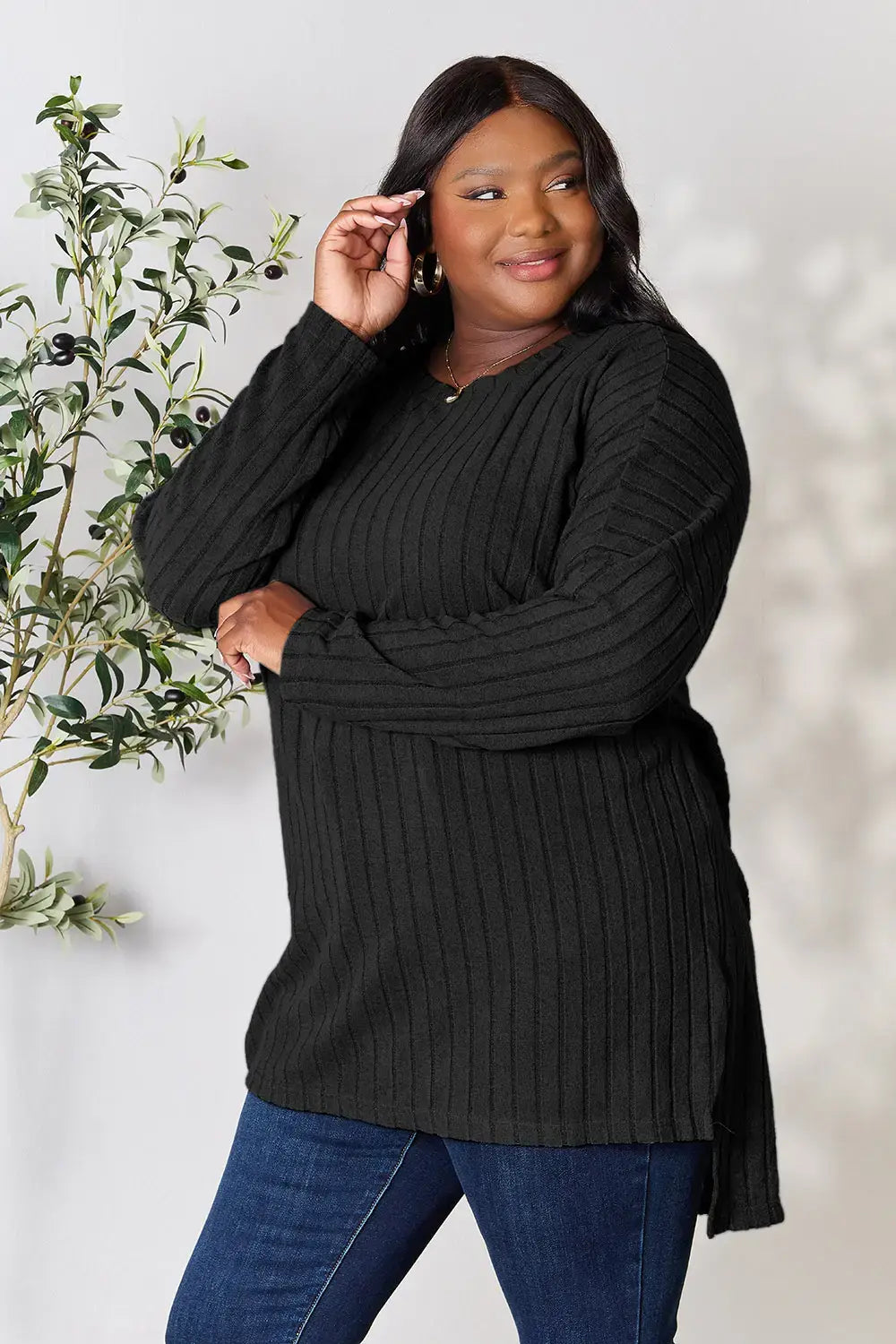Basic Bae Full Size Ribbed Round Neck Long Sleeve Slit Top - ShopBasicbae - Flyclothing LLC