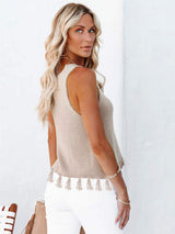 Cutout Tassel Round Neck Tank - Trendsi - Flyclothing LLC