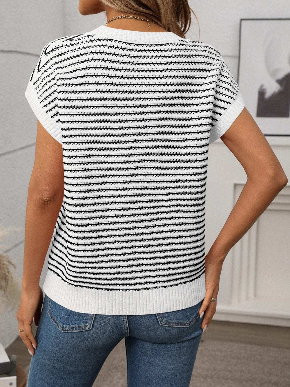 Striped Round Neck Short Sleeve Knit Top - Trendsi - Flyclothing LLC