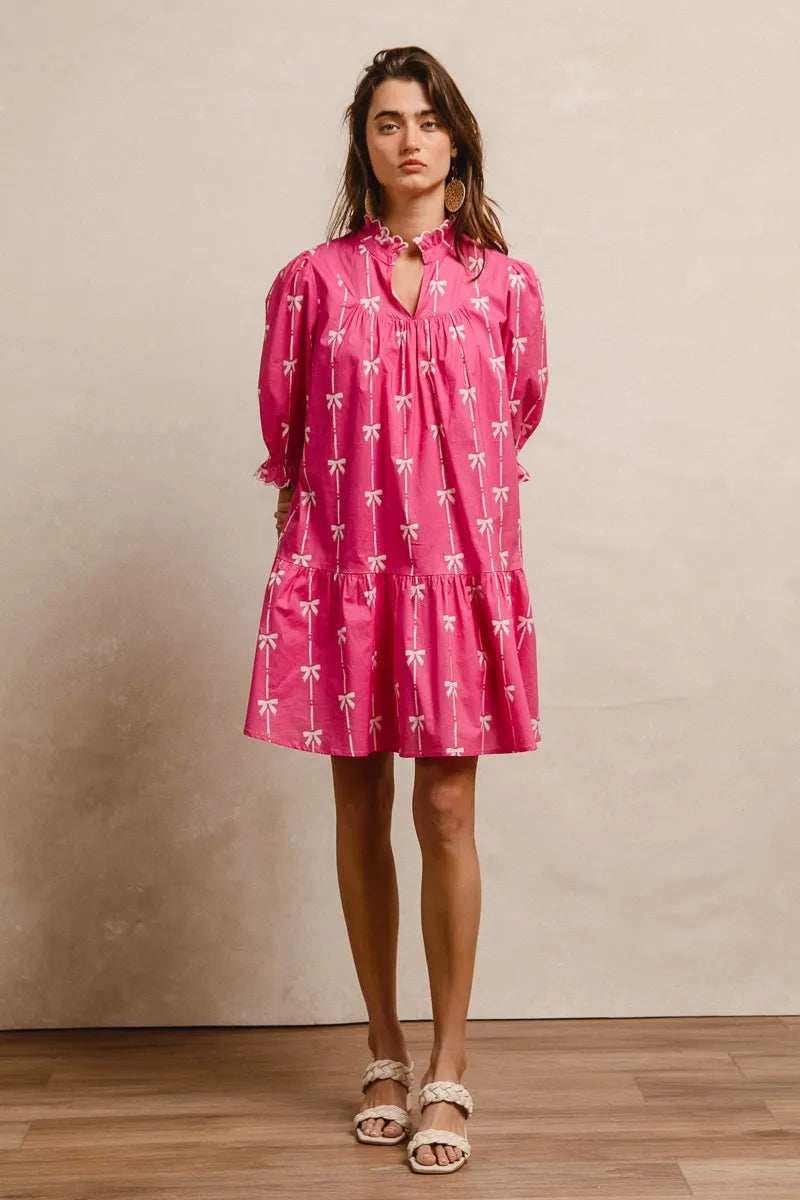 BiBi Ribbon Patterns With Scallops Edge Details Short Sleeve Dress - Trendsi - Flyclothing LLC