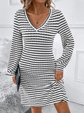 Striped V-Neck Long Sleeve Dress - Trendsi