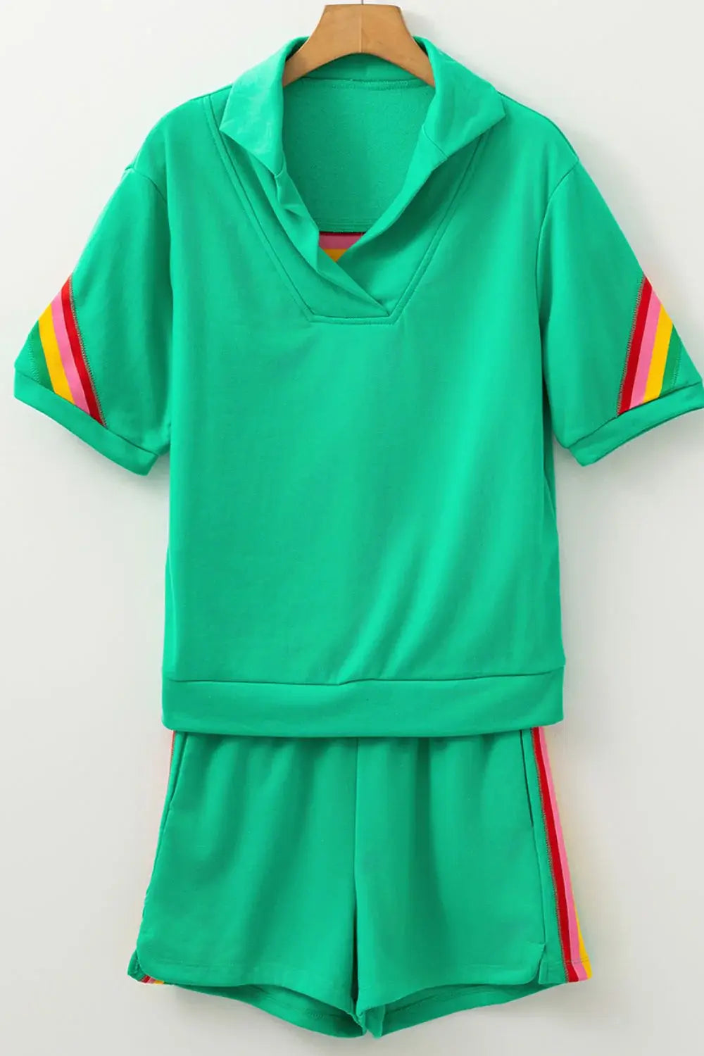 Rainbow Collared Short Sleeve Top and Shorts Set - Trendsi - Flyclothing LLC