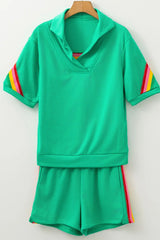 Rainbow Collared Short Sleeve Top and Shorts Set - Trendsi - Flyclothing LLC