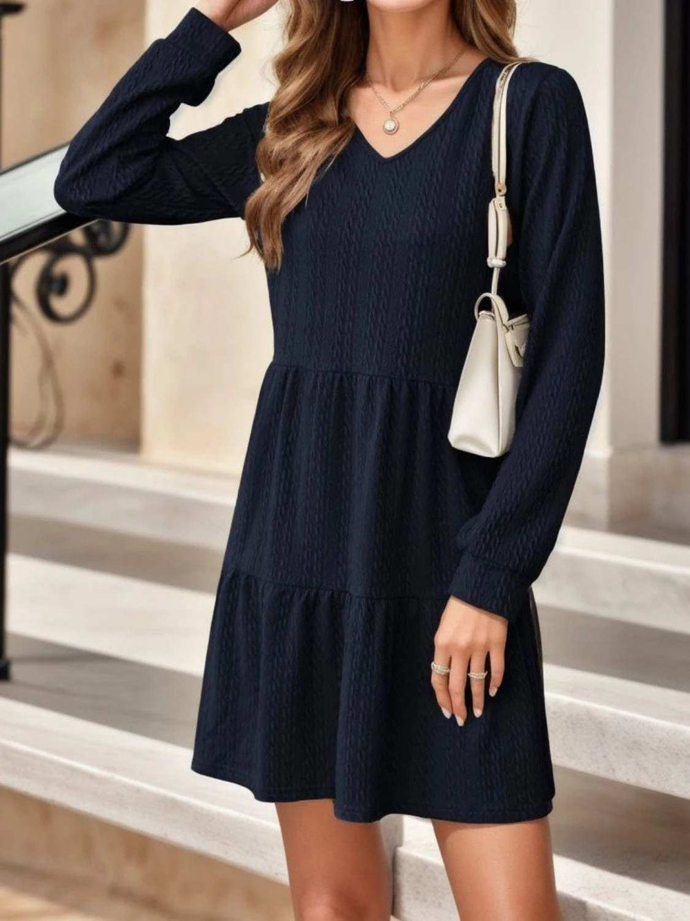 V-Neck Long Sleeve Mini Dress - Trendsi - Flyclothing LLC