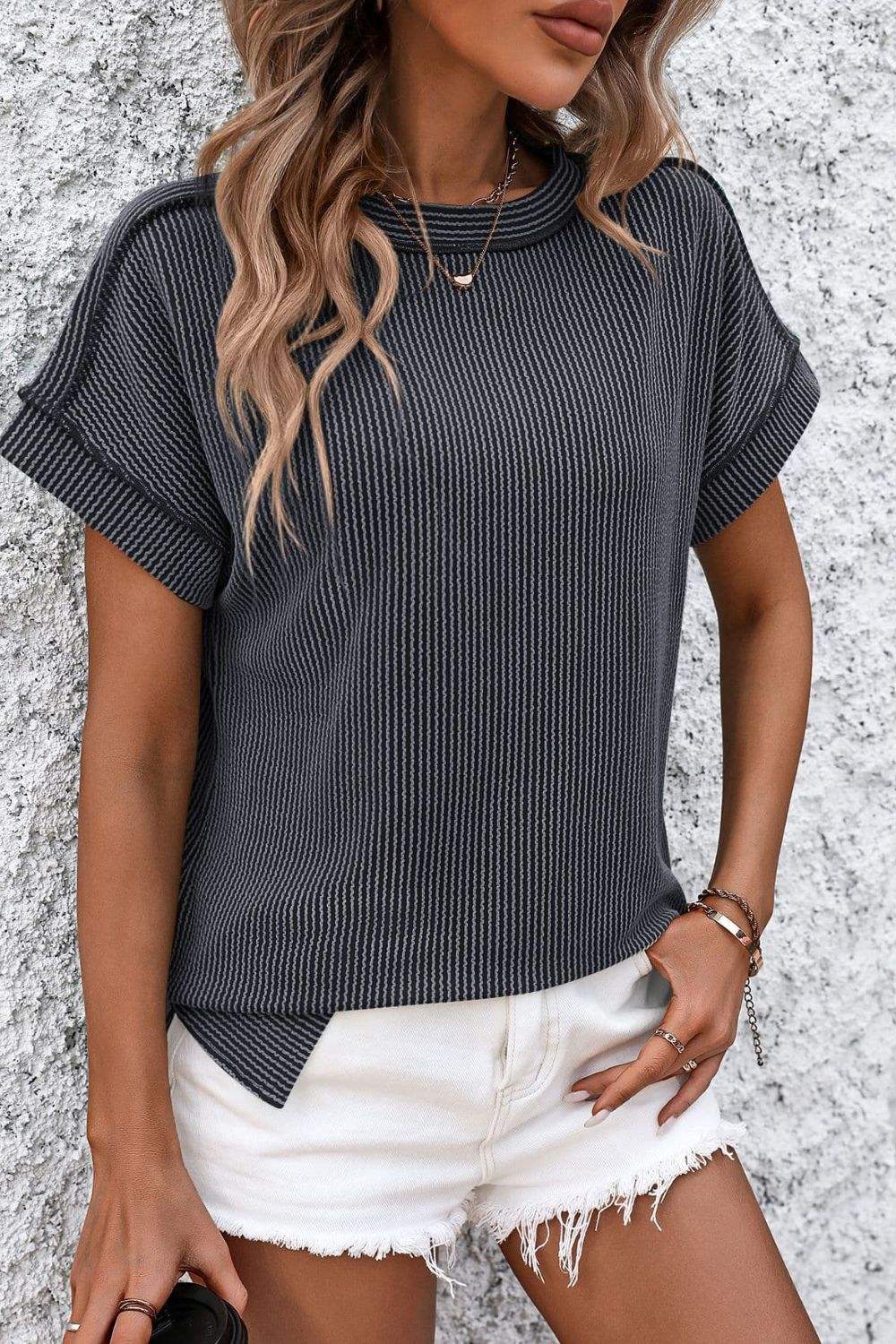 Striped Round Neck Short Sleeve T-Shirt - Trendsi - Flyclothing LLC