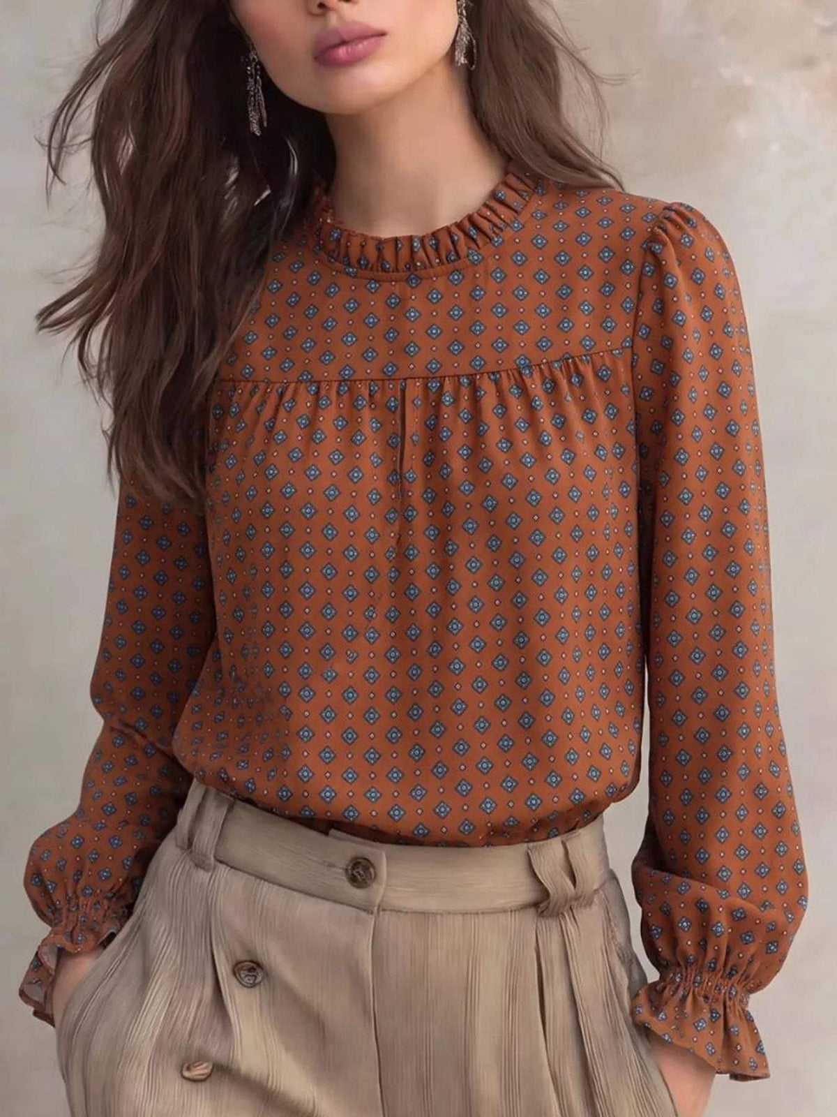 Printed Flounce Sleeve Blouse - Trendsi - Flyclothing LLC
