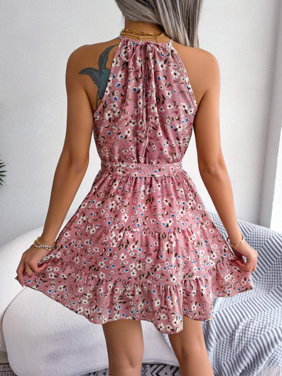 Tied Printed Grecian Neck Mini Dress - Trendsi - Flyclothing LLC