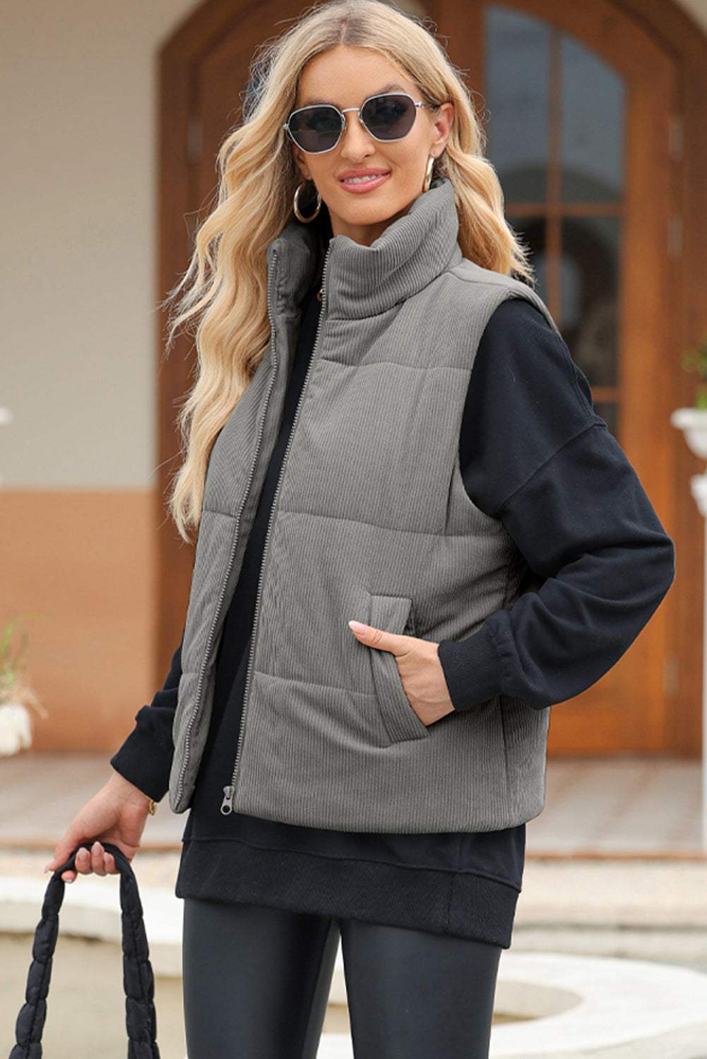 Pocketed Zip Up Turtleneck Vest Coat - Trendsi - Flyclothing LLC
