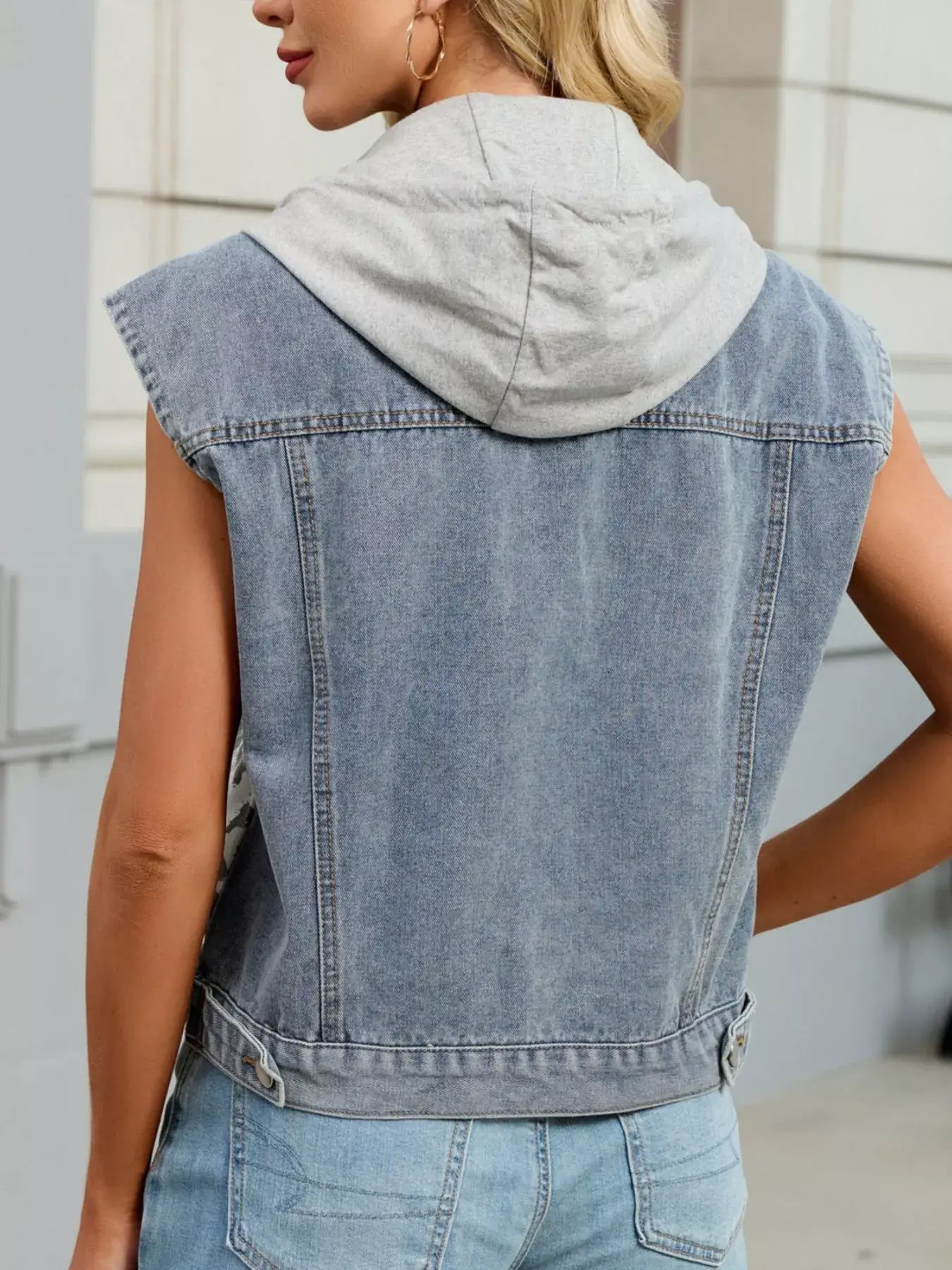 Leopard Button Up Hooded Denim Vest - Trendsi - Flyclothing LLC