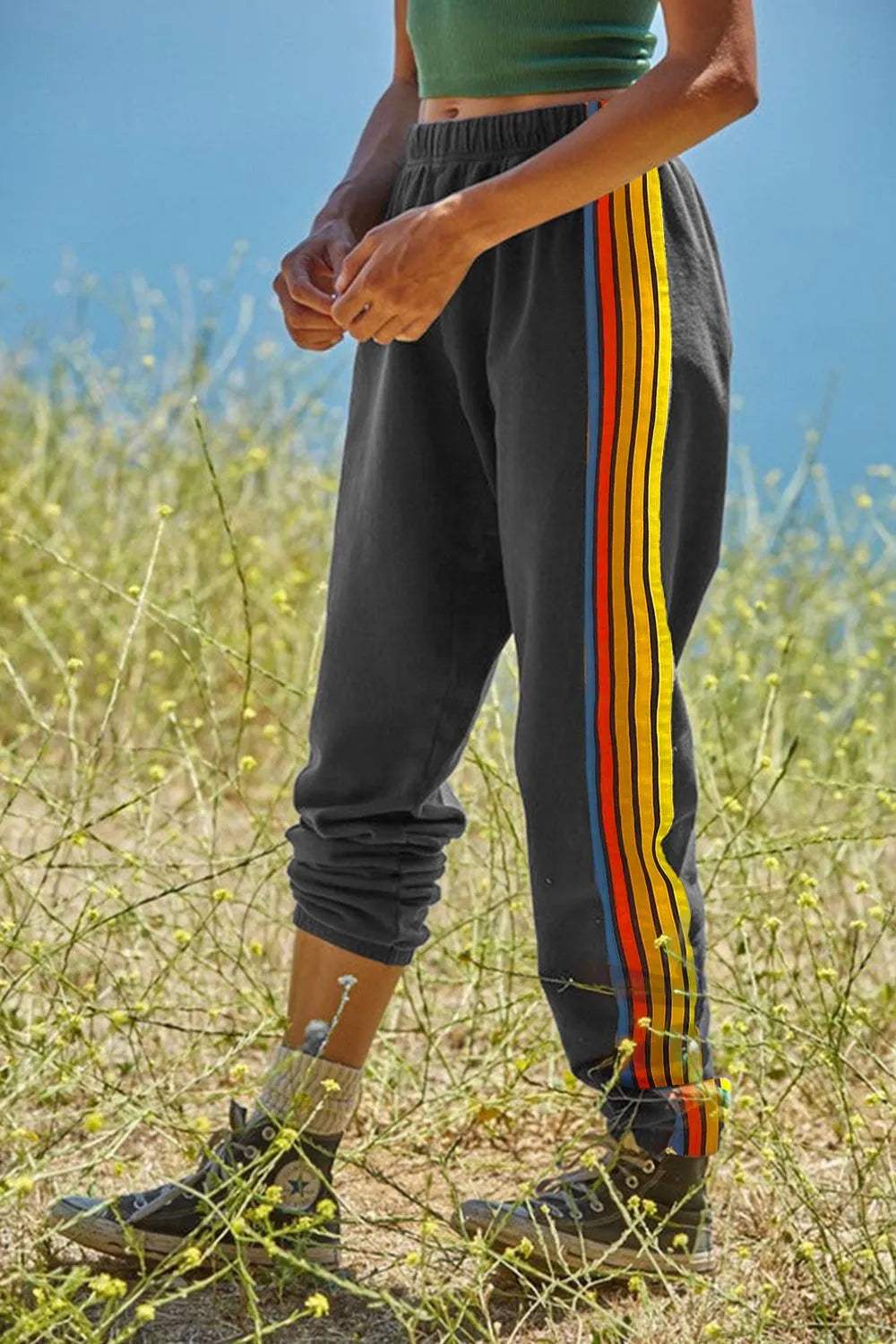 Contrast Striped Elastic Waist Active Pants - Trendsi - Flyclothing LLC
