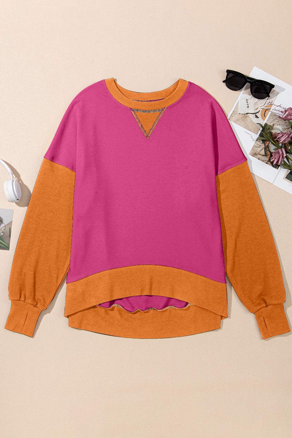 Contrast Round Neck Long Sleeve Sweatshirt - Trendsi - Flyclothing LLC