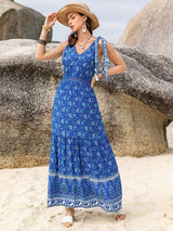 Printed V-Neck Tie Shoulder Dress - Trendsi - Flyclothing LLC