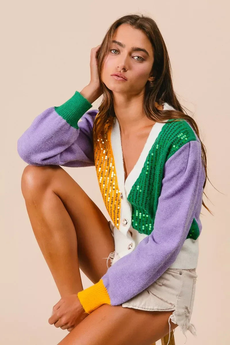 BiBi Mardi Gras Color Block Sequin Sweater Cardigan - Trendsi - Flyclothing LLC