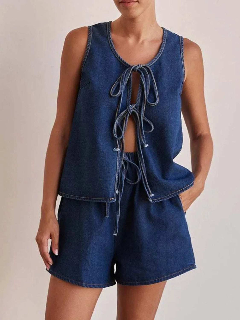 Tie Front Vest and Shorts Denim Set - Trendsi - Flyclothing LLC