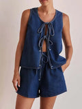 Tie Front Vest and Shorts Denim Set - Trendsi