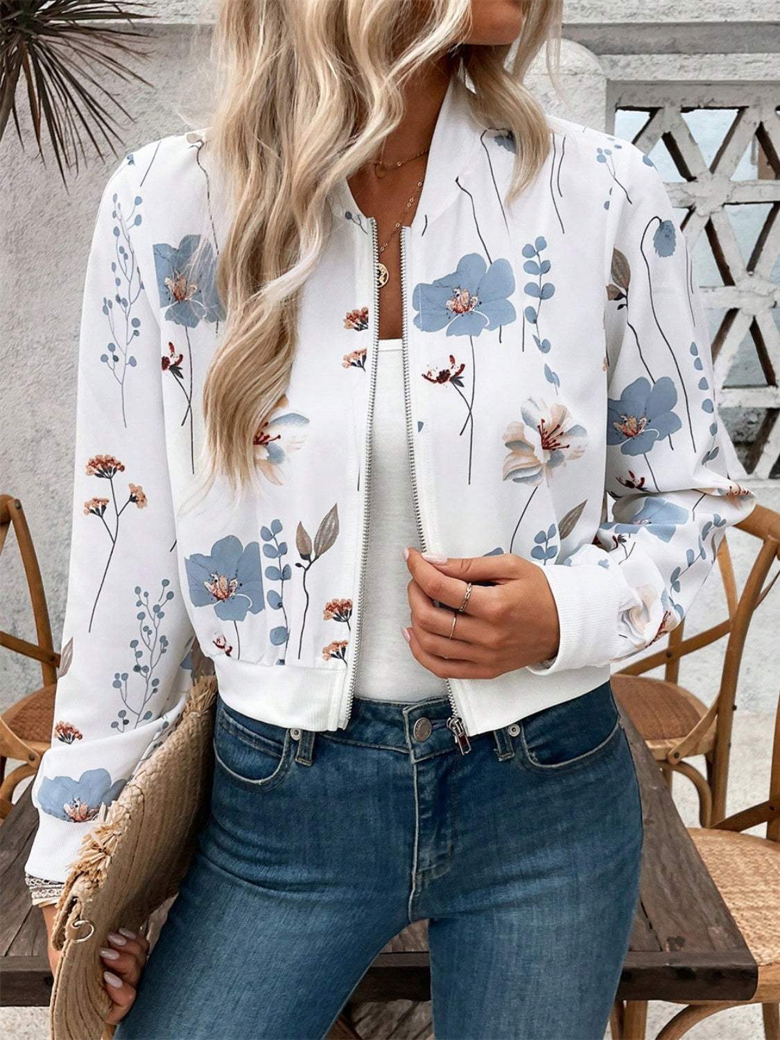 Printed Zip Up Long Sleeve Jacket - Trendsi - Flyclothing LLC