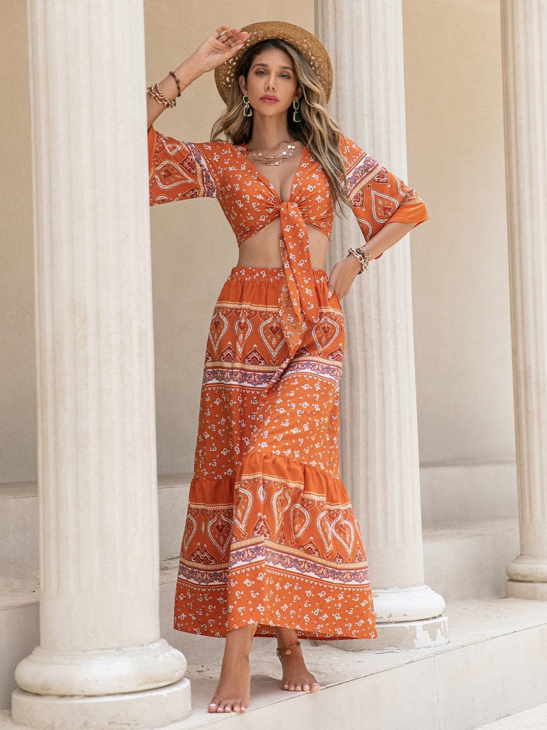 Printed Plunge Half Sleeve Top and Skirt Set - Trendsi