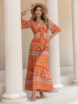 Printed Plunge Half Sleeve Top and Skirt Set - Trendsi - Flyclothing LLC