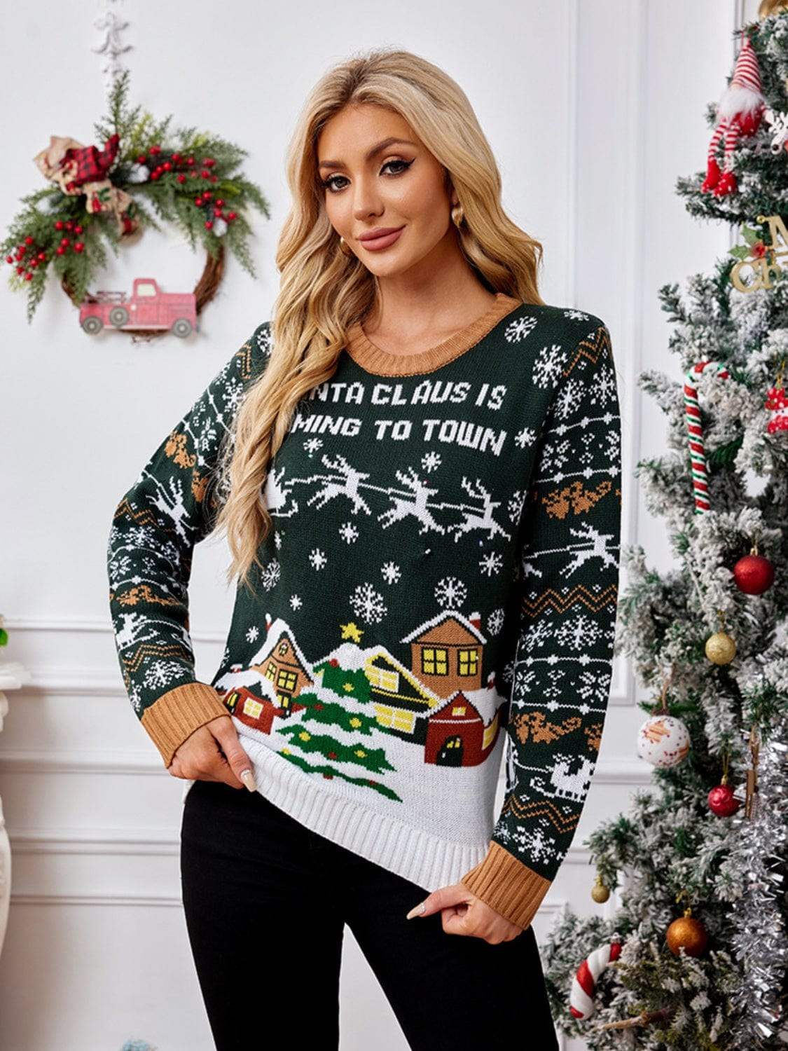 Graphic Round Neck Long Sleeve Sweater - Trendsi - Flyclothing LLC
