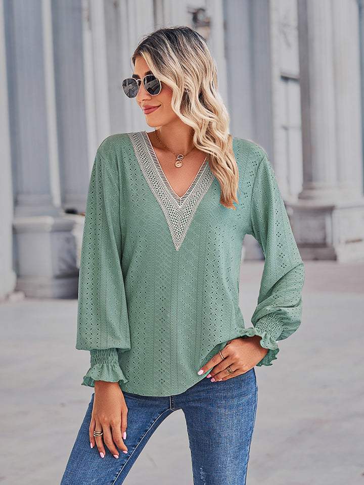 V-Neck Eyelet Flounce Sleeve Blouse - Trendsi - Flyclothing LLC