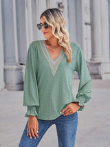 V-Neck Eyelet Flounce Sleeve Blouse - Trendsi - Flyclothing LLC