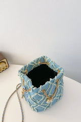 Chain Drawstring Raw Edge Denim Bucket Bag - Trendsi