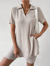 Johnny Collar Short Sleeve Top and Shorts Set - Trendsi - Flyclothing LLC