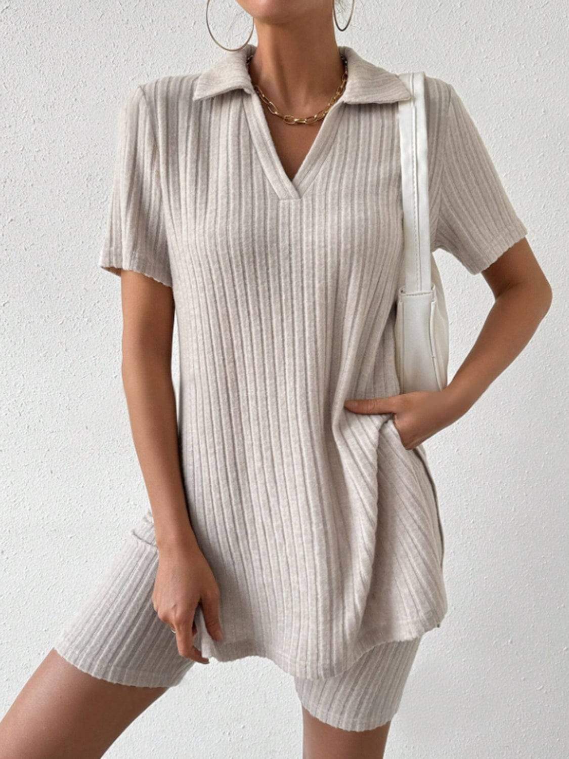 Johnny Collar Short Sleeve Top and Shorts Set - Trendsi - Flyclothing LLC