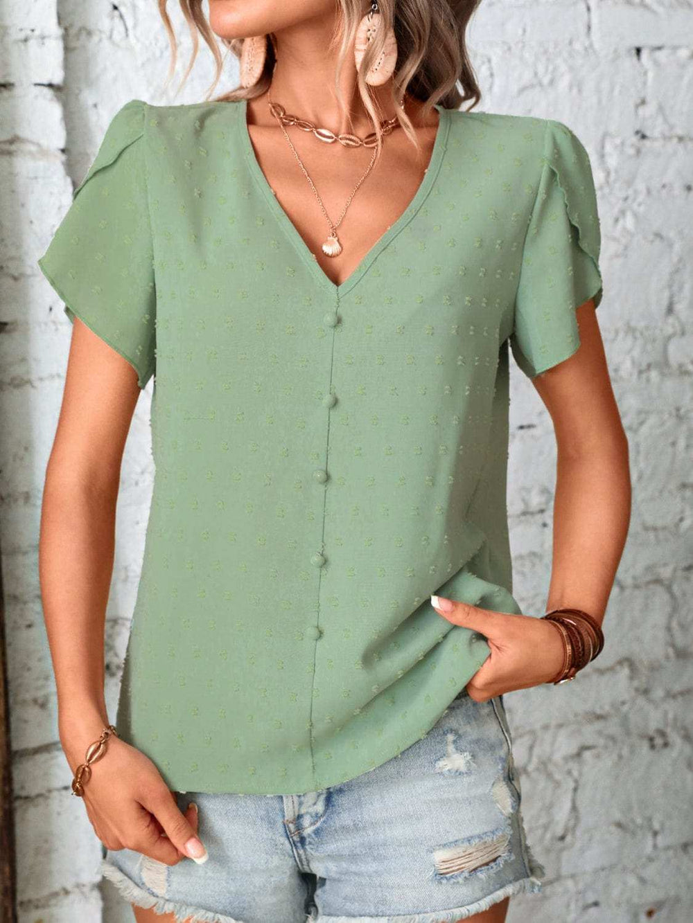 Swiss Dot V-Neck Petal Sleeve Blouse - Trendsi - Flyclothing LLC