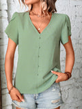 Swiss Dot V-Neck Petal Sleeve Blouse - Trendsi
