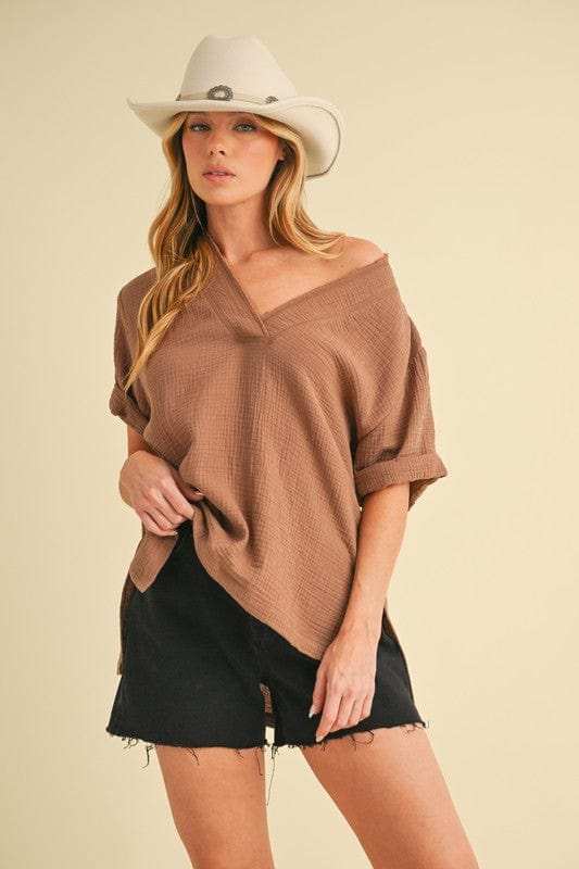 Aemi + Co Side Slit V-Neck Short Sleeve Blouse - Trendsi - Flyclothing LLC