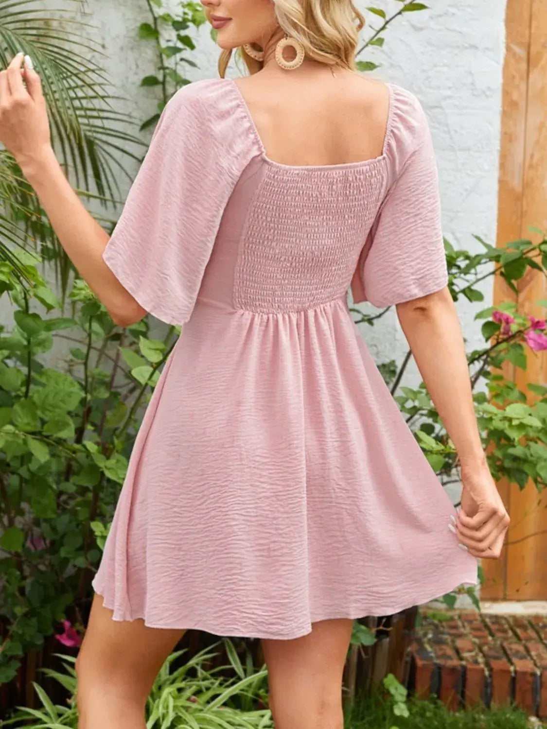Smocked Back Knotted Flutter Sleeve Dress - Trendsi - Flyclothing LLC