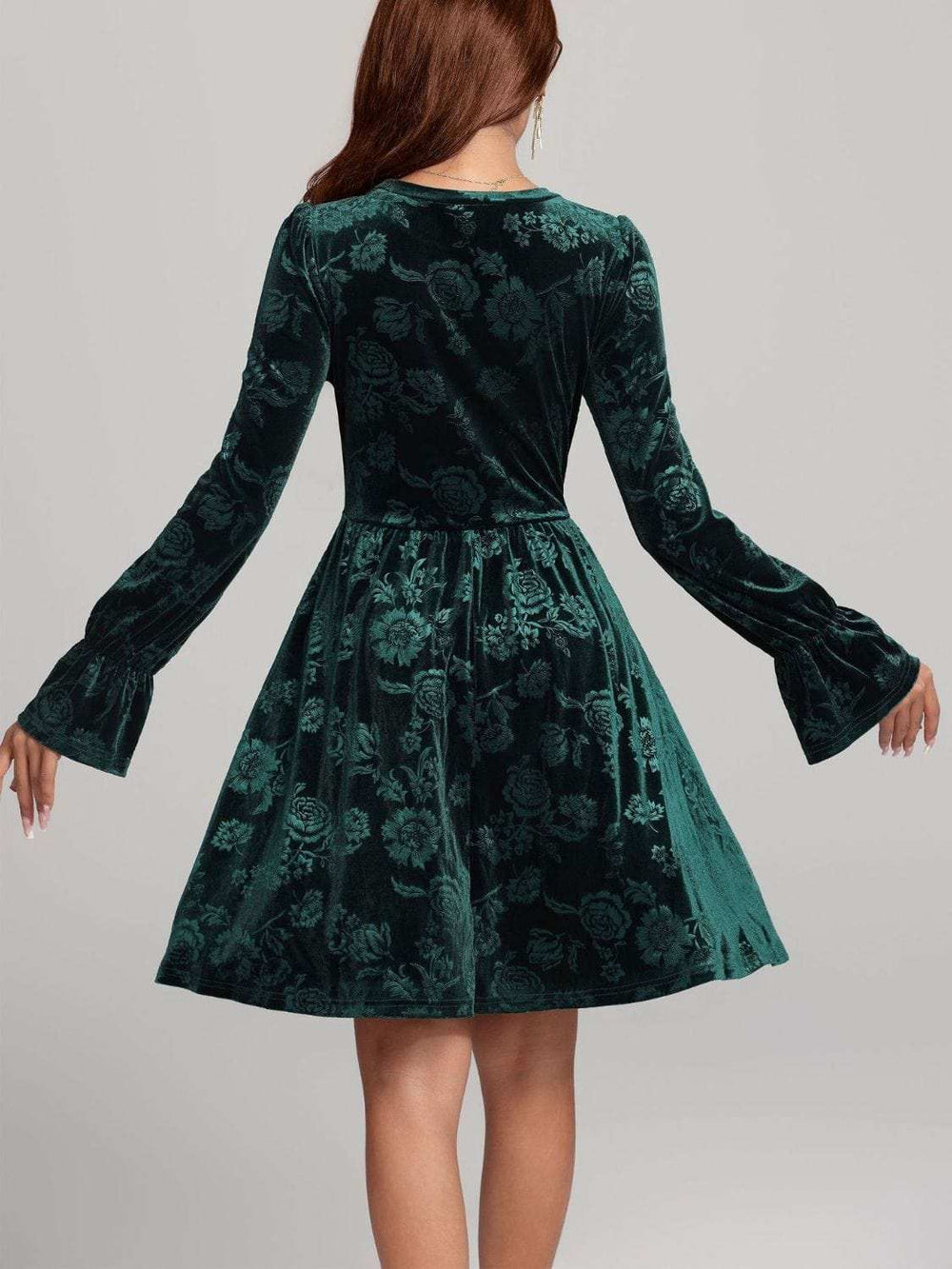 Tied Flower Print Round Neck Flounce Sleeve Dress - Trendsi - Flyclothing LLC