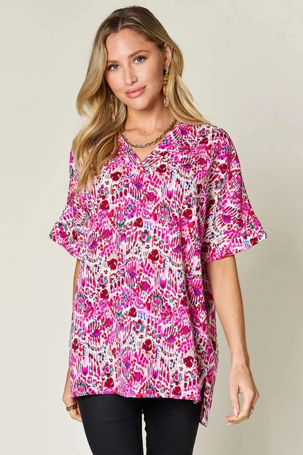 Double Take Full Size Printed V-Neck Short Sleeve Blouse - Trendsi