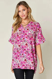 Double Take Full Size Printed V-Neck Short Sleeve Blouse - Trendsi