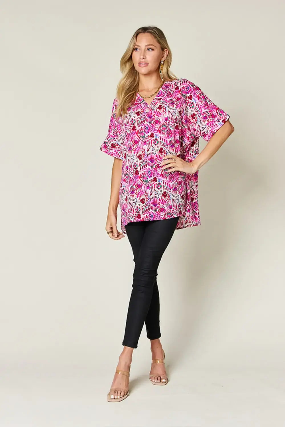 Double Take Full Size Printed V-Neck Short Sleeve Blouse - Trendsi - Flyclothing LLC