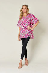 Double Take Full Size Printed V-Neck Short Sleeve Blouse - Trendsi - Flyclothing LLC