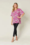 Double Take Full Size Printed V-Neck Short Sleeve Blouse - Trendsi