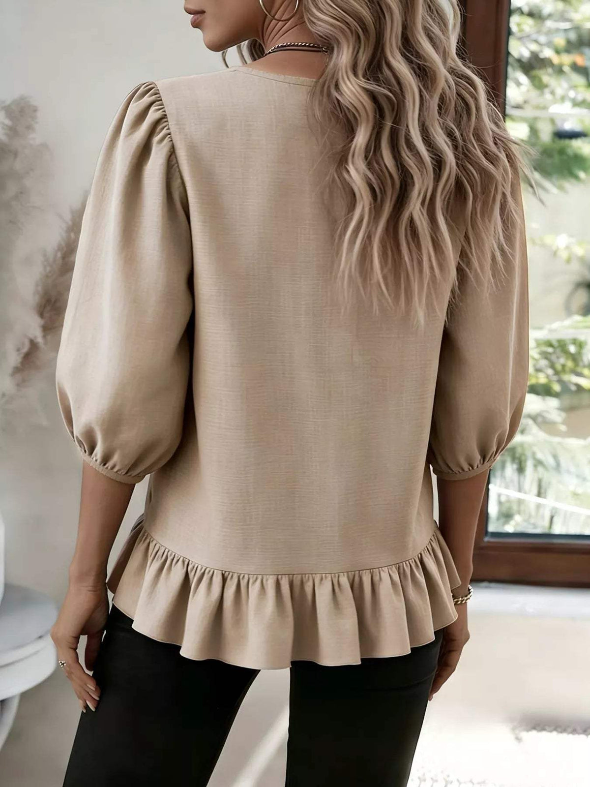 Casual Puff Sleeve Ruffle Hem Blouse - Trendsi - Flyclothing LLC