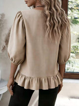 Casual Puff Sleeve Ruffle Hem Blouse - Trendsi - Flyclothing LLC