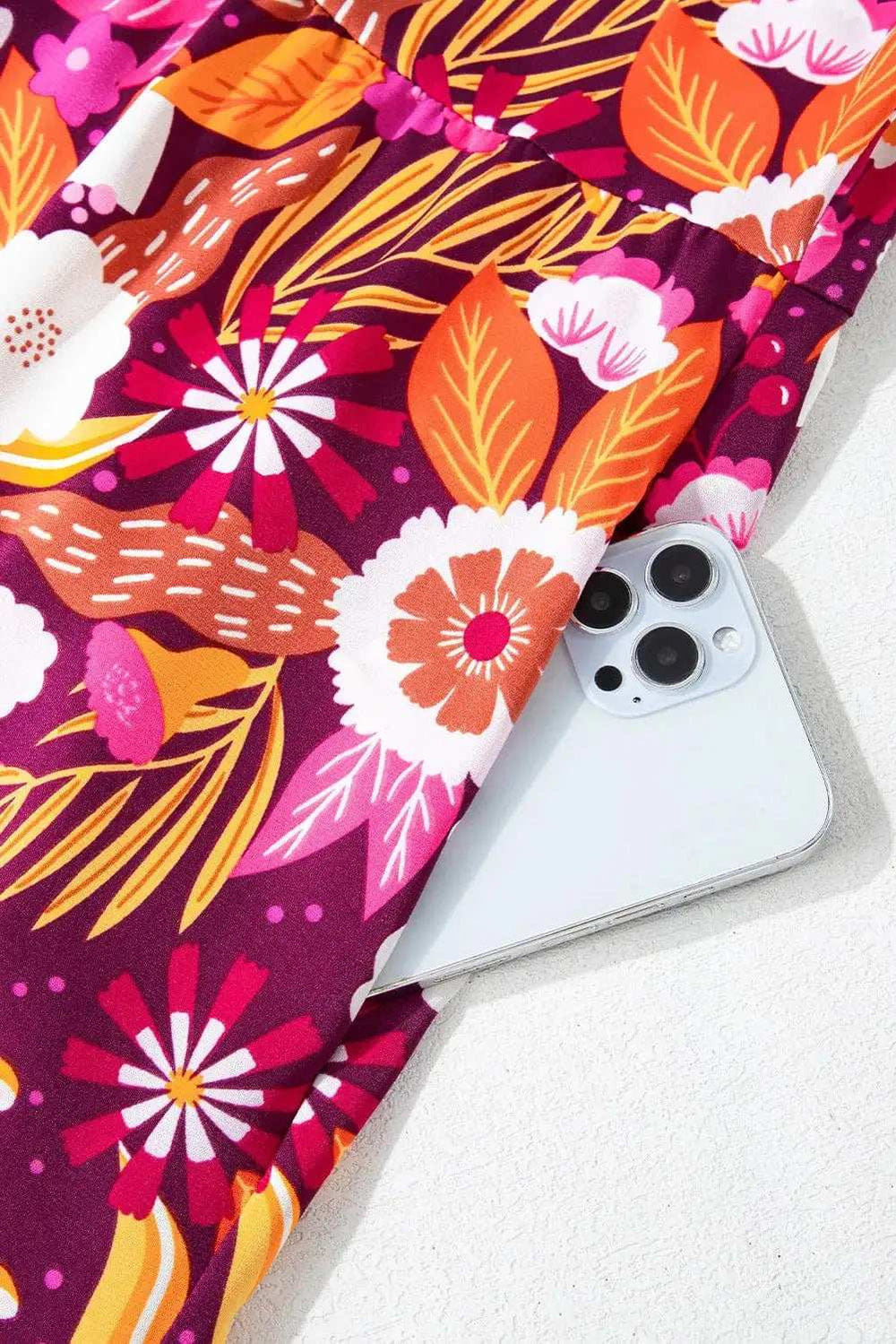 Printed Johnny Collar Long Sleeve Midi Dress - Trendsi - Flyclothing LLC