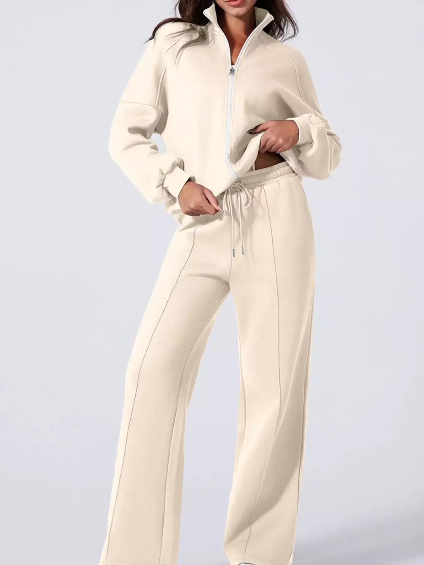 Drop Shoulder Zip Up Jacket and Drawstring Pants Active 2pcs Set - Trendsi - Flyclothing LLC