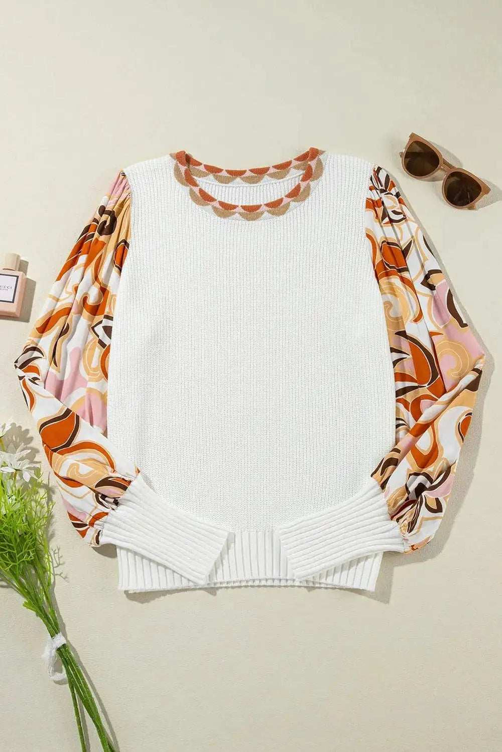 Round Neck Lantern Sleeve Knit Top - Trendsi - Flyclothing LLC