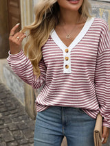 Striped Button Detail Long Sleeve T-Shirt - Trendsi - Flyclothing LLC